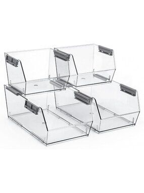 Stackable Clear Plastic Storage Bins Set of 4 - Large & Small Organizers for